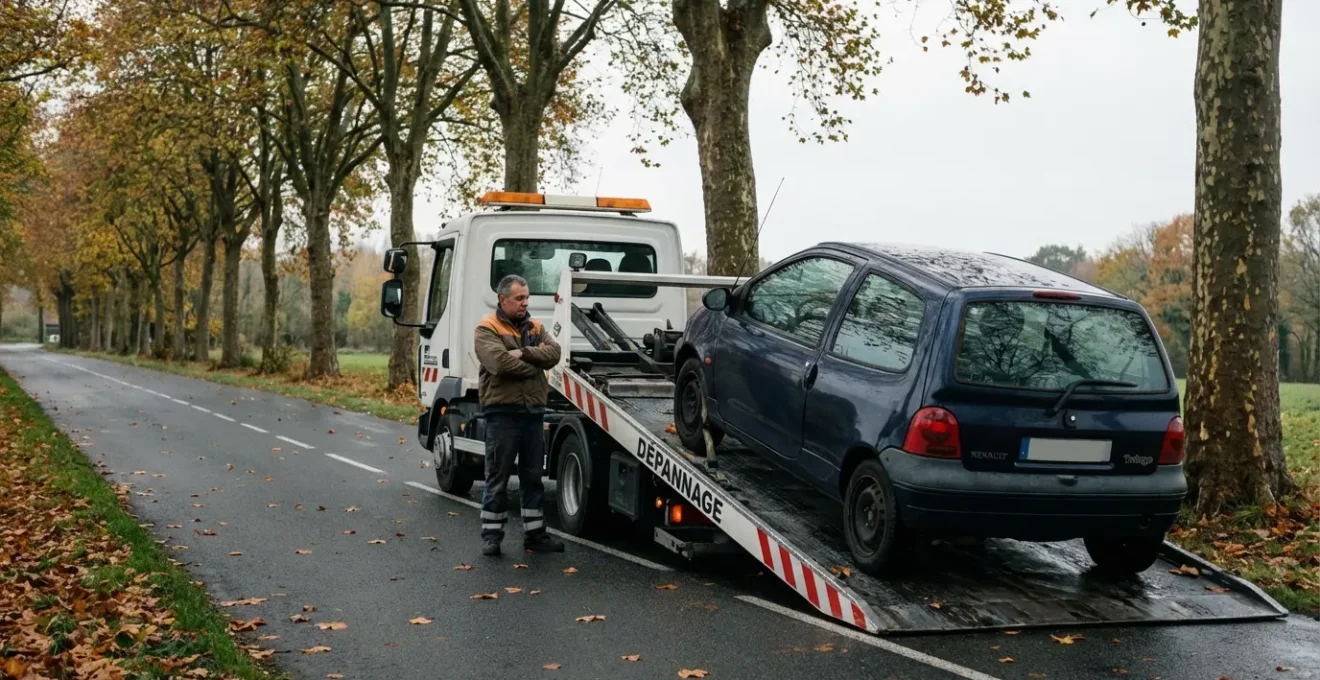 Dépanneuse chargeant un véhicule en panne sur le bord d'une route française