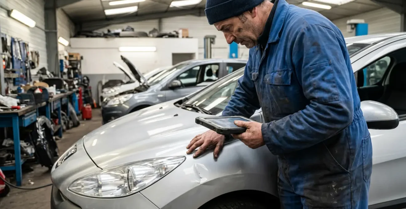 Technicien automobile inspectant une carrosserie endommagée après accrochage