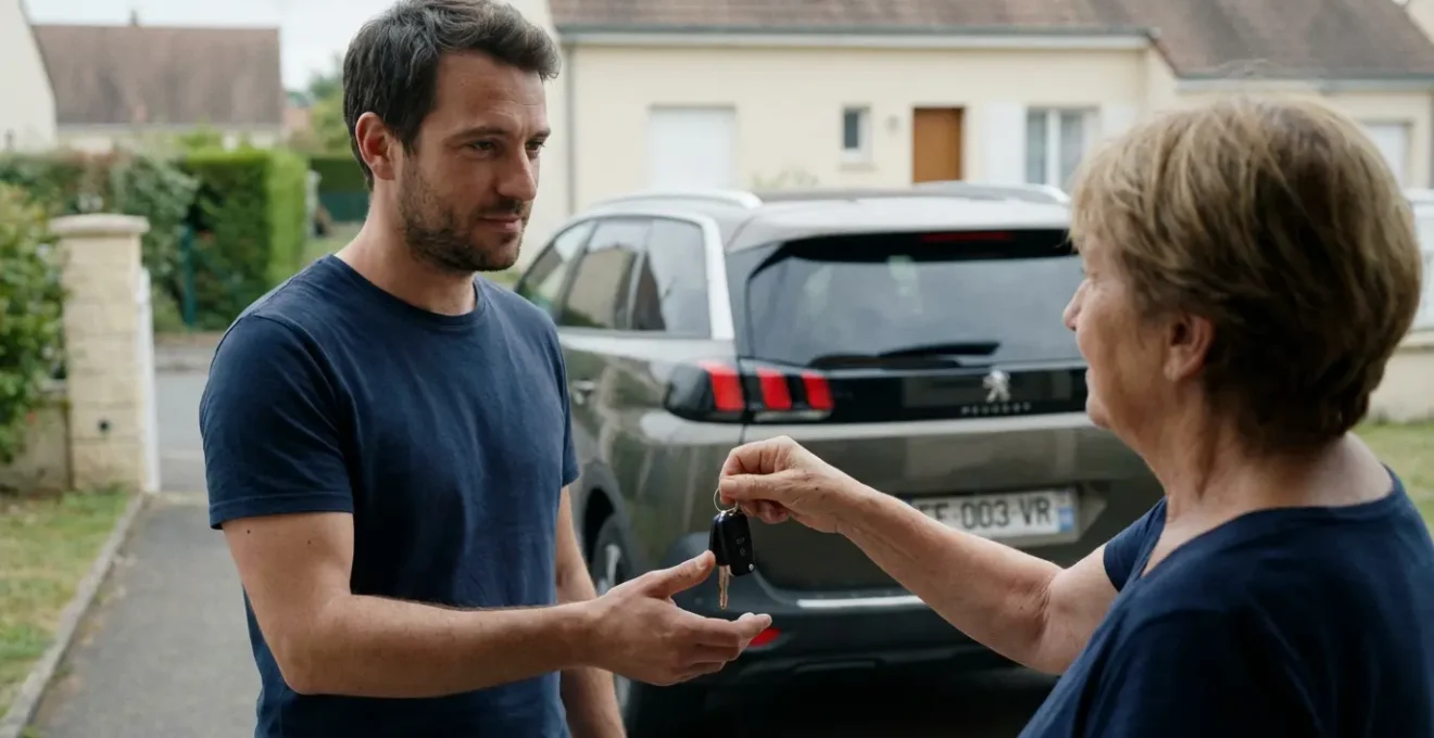 Homme recevant clés de voiture pour assurance auto temporaire dans allée résidentielle