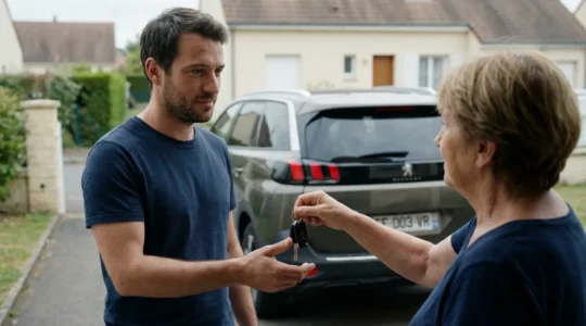 Homme recevant clés de voiture pour assurance auto temporaire dans allée résidentielle